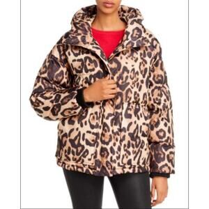 AQUA- Bold Leopard Print Puffer Jacket with Hood - Size S